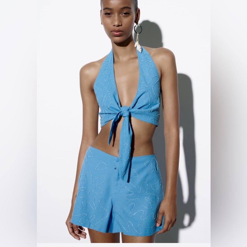 Zara Beaded linen blend set- halter + shorts